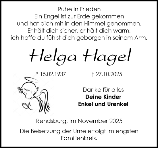 Traueranzeige von Helga Hagel von Hallo Rendsburg, Hallo Eckernförde