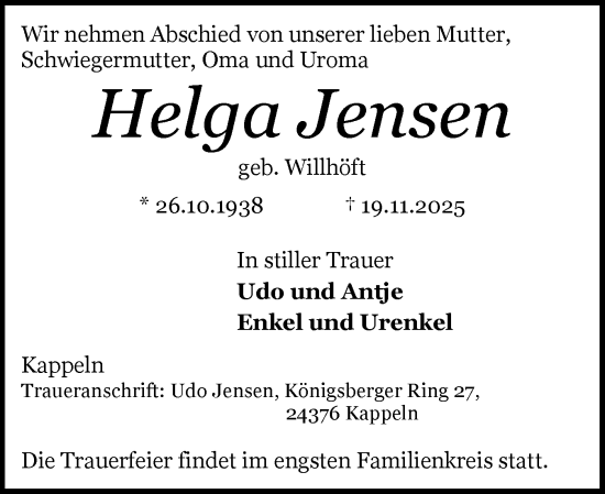 Traueranzeige von Helga Jensen von Schleswiger Nachrichten, Schlei-Bote