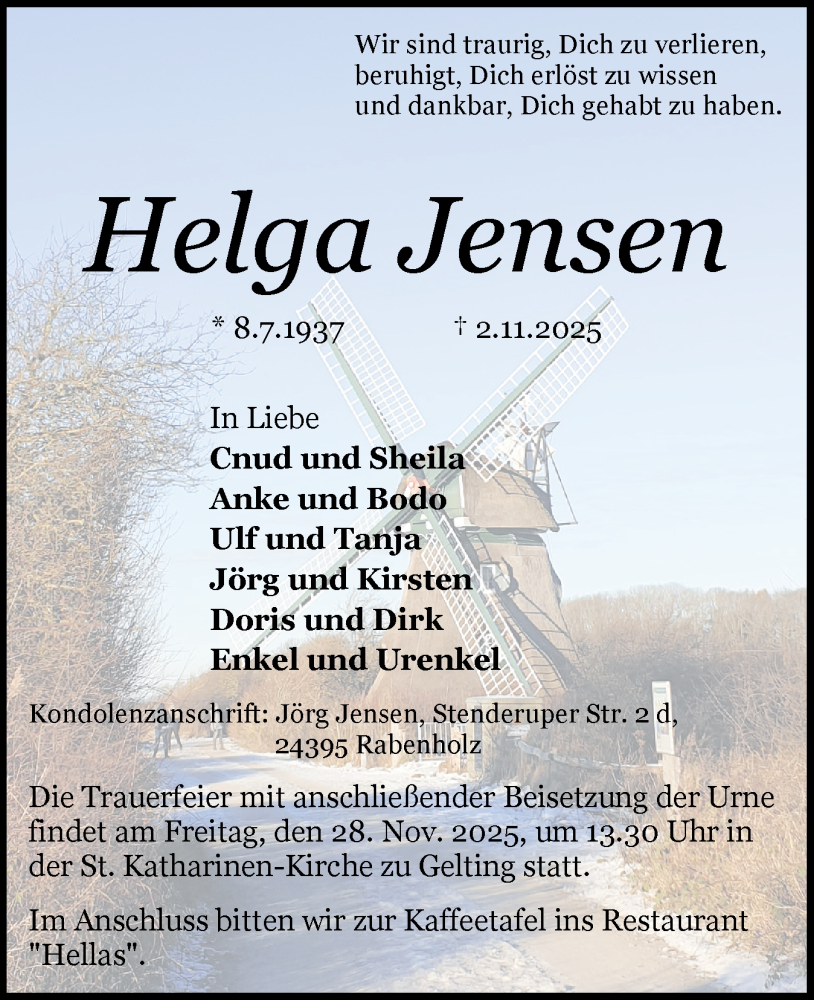  Traueranzeige für Helga Jensen vom 15.11.2025 aus Flensburger Tageblatt, Schleswiger Nachrichten, Schlei-Bote
