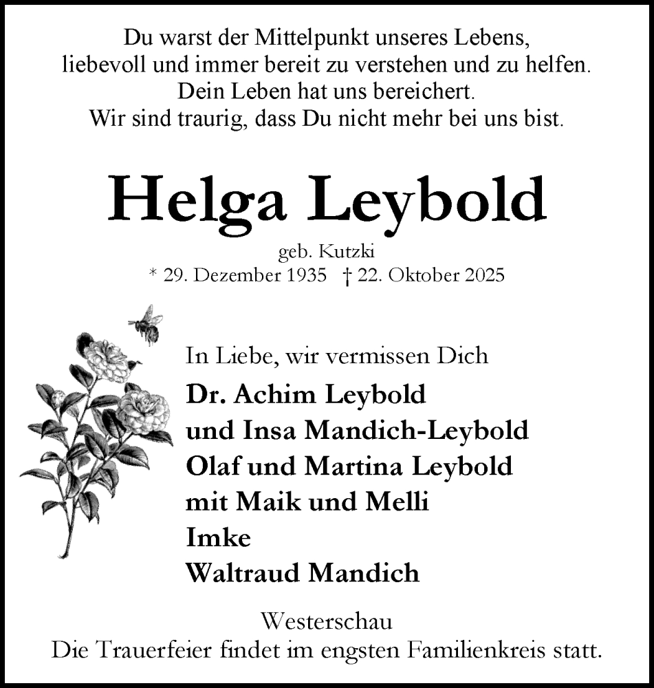  Traueranzeige für Helga Leybold vom 08.11.2025 aus Eckernförder Zeitung, Hallo Eckernförde
