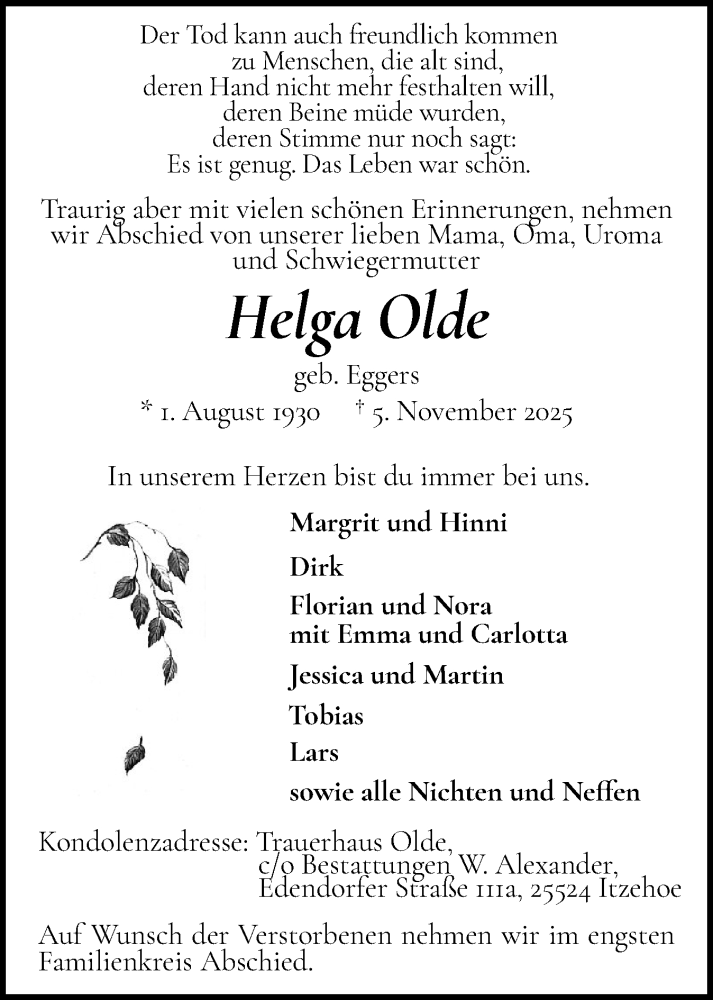  Traueranzeige für Helga Olde vom 15.11.2025 aus Norddeutsche Rundschau, Wilstersche Zeitung, Glückstädter Fortuna
