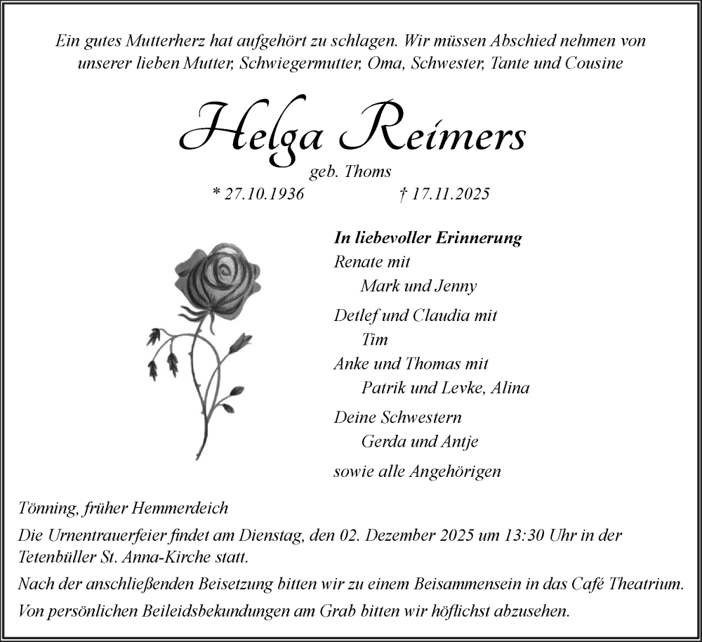  Traueranzeige für Helga Reimers vom 26.11.2025 aus Husumer Nachrichten, Nordfriesland Tageblatt