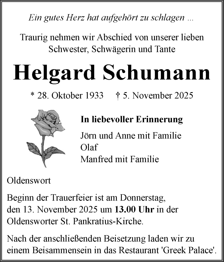  Traueranzeige für Helgard Schumann vom 08.11.2025 aus Husumer Nachrichten, Nordfriesland Tageblatt