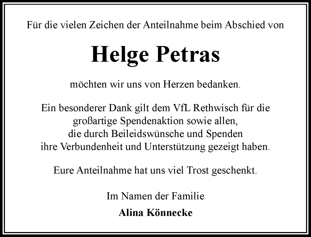  Traueranzeige für Helge Petras vom 08.11.2025 aus MARKT Bad Oldesloe/Reinfeld und Stormarner Tageblatt