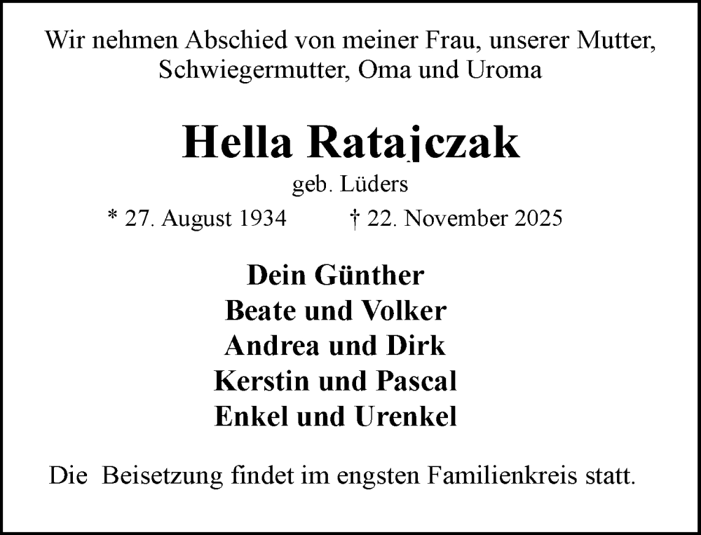  Traueranzeige für Hella Ratajczak vom 29.11.2025 aus MARKT Ratzeburg/Mölln