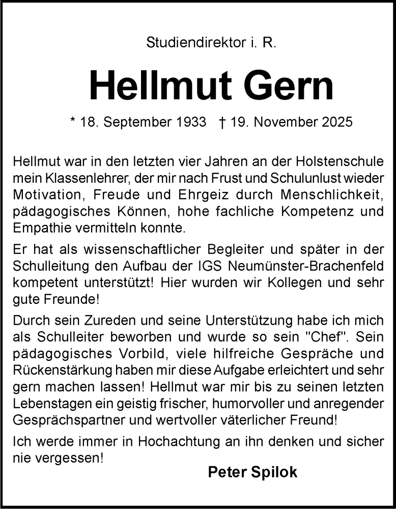  Traueranzeige für Hellmut Gern vom 29.11.2025 aus Holsteinischer Courier