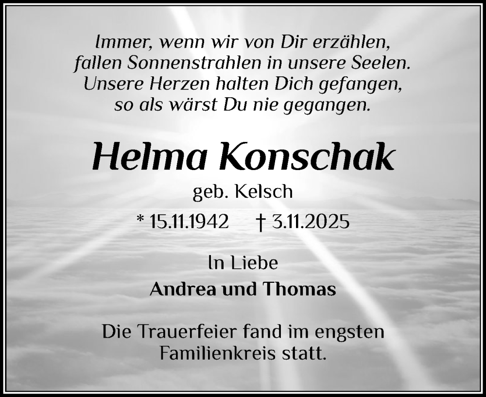  Traueranzeige für Helma Konschak vom 22.11.2025 aus Norddeutsche Rundschau, Wilstersche Zeitung, Glückstädter Fortuna