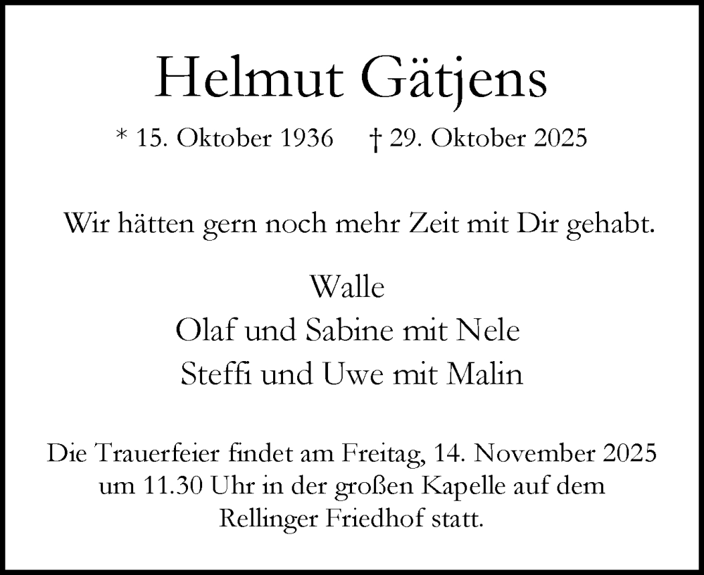  Traueranzeige für Helmut Gätjens vom 08.11.2025 aus Region Pinneberg und tip Pinneberg