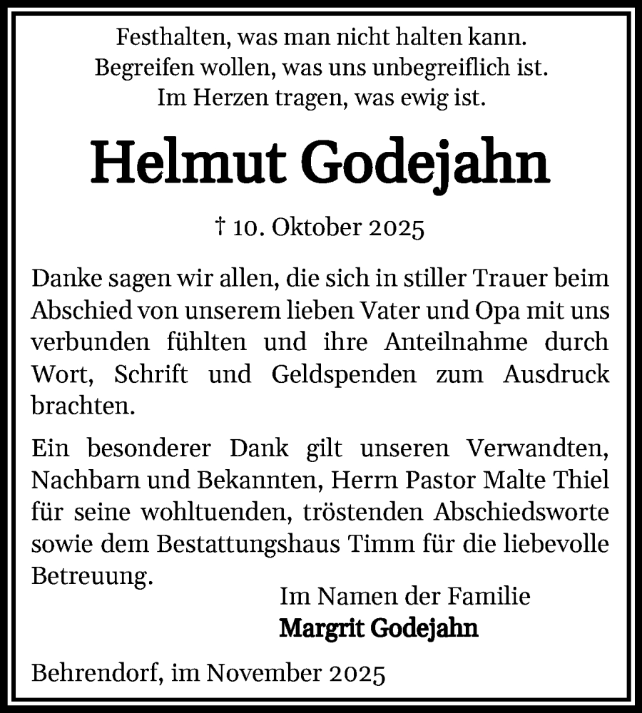  Traueranzeige für Helmut Godejahn vom 15.11.2025 aus Husumer Nachrichten, Nordfriesland Tageblatt