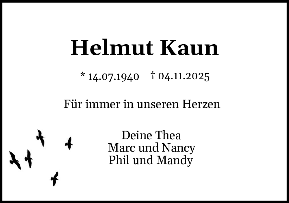  Traueranzeige für Helmut Kaun vom 15.11.2025 aus Ostholsteiner Anzeiger