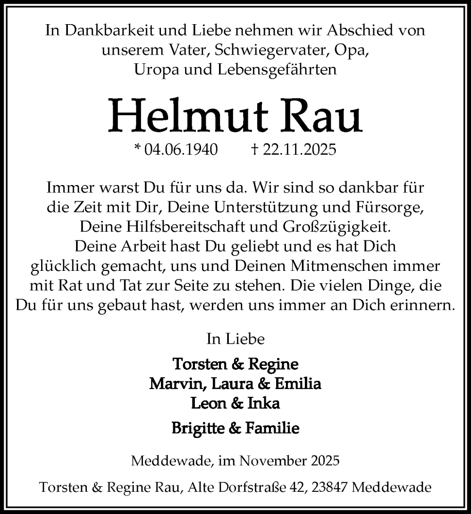  Traueranzeige für Helmut Rau vom 29.11.2025 aus MARKT Bad Oldesloe/Reinfeld, MARKT Ahrensburg/Bargteheide/Trittau und Stormarner Tageblatt