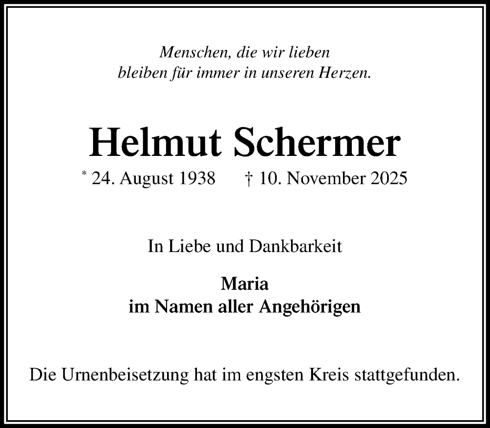  Traueranzeige für Helmut Schermer vom 29.11.2025 aus MARKT Ahrensburg/Bargteheide/Trittau und Stormarner Tageblatt