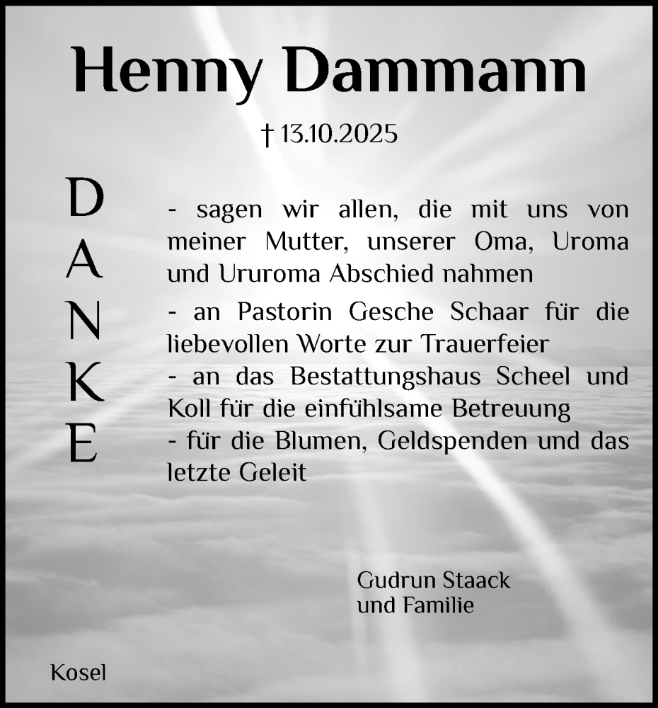  Traueranzeige für Henny Dammann vom 15.11.2025 aus Eckernförder Zeitung, Hallo Eckernförde