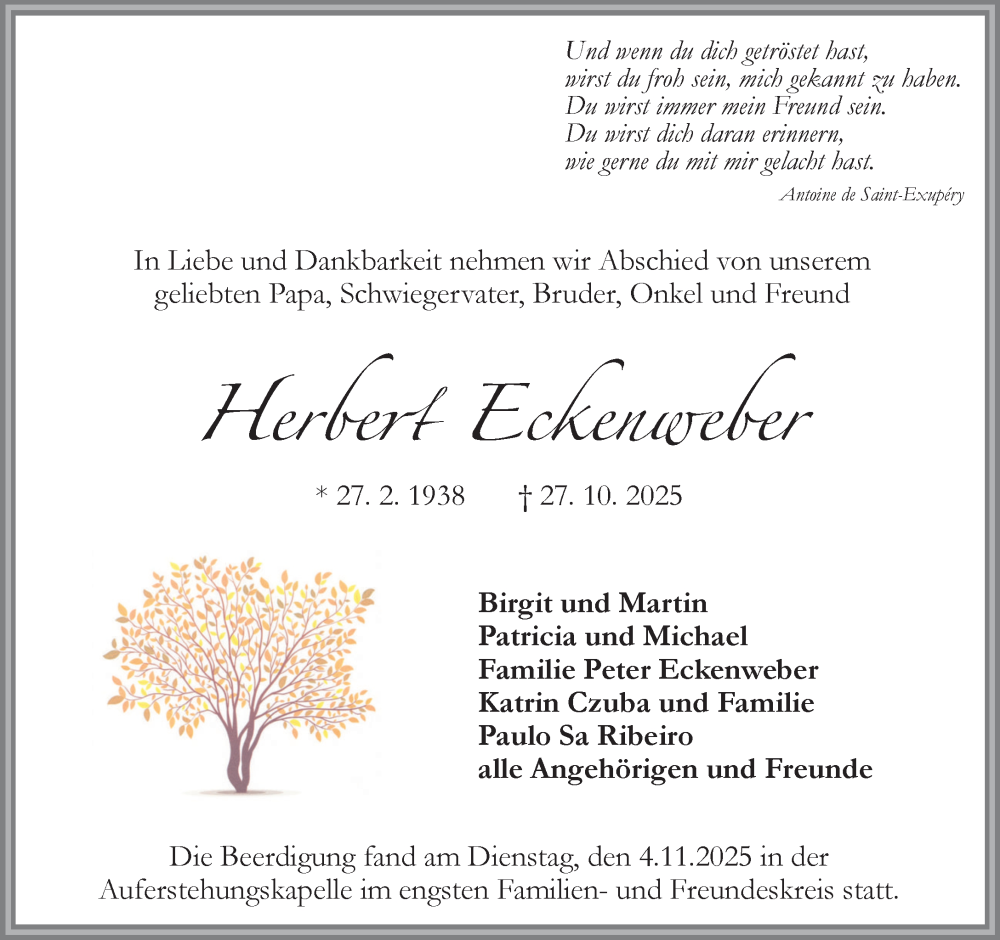 Traueranzeige für Herbert Eckenweber vom 08.11.2025 aus Umschau