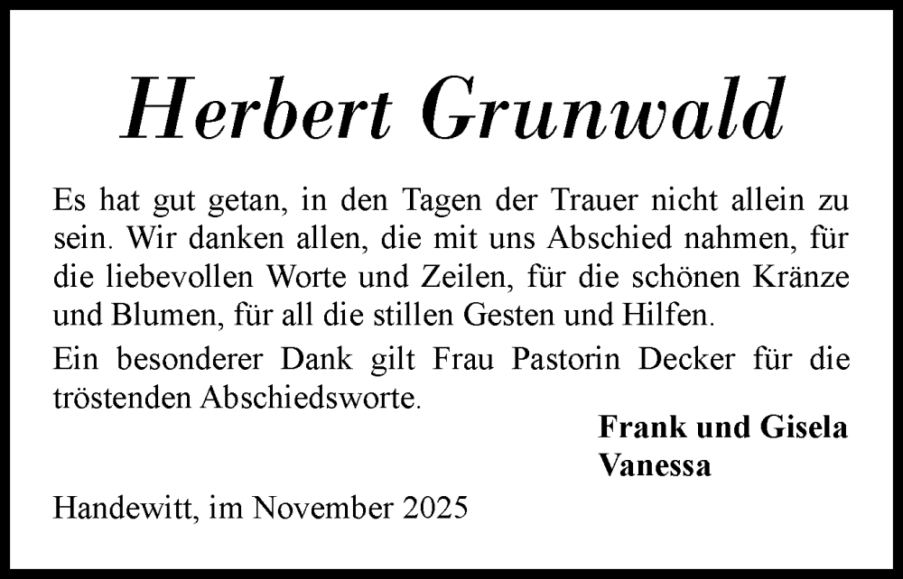  Traueranzeige für Herbert Grunwald vom 08.11.2025 aus Flensburger Tageblatt