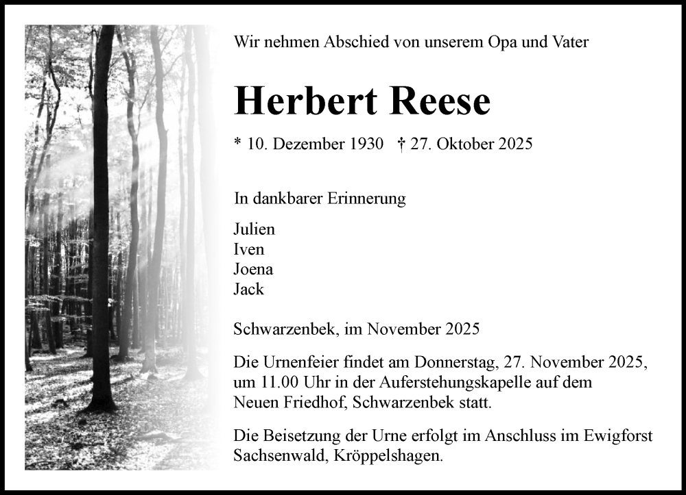  Traueranzeige für Herbert Reese vom 08.11.2025 aus Wochenend Anzeiger