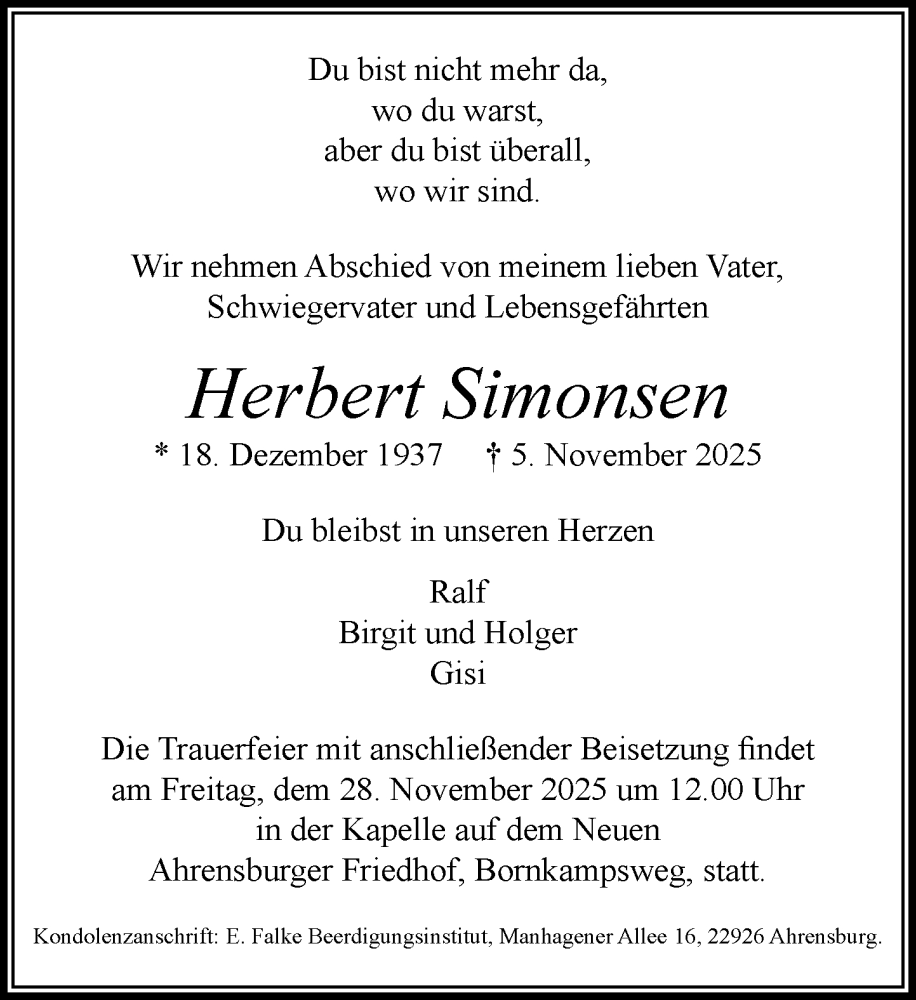  Traueranzeige für Herbert Simonsen vom 22.11.2025 aus MARKT Ahrensburg/Bargteheide/Trittau und Stormarner Tageblatt
