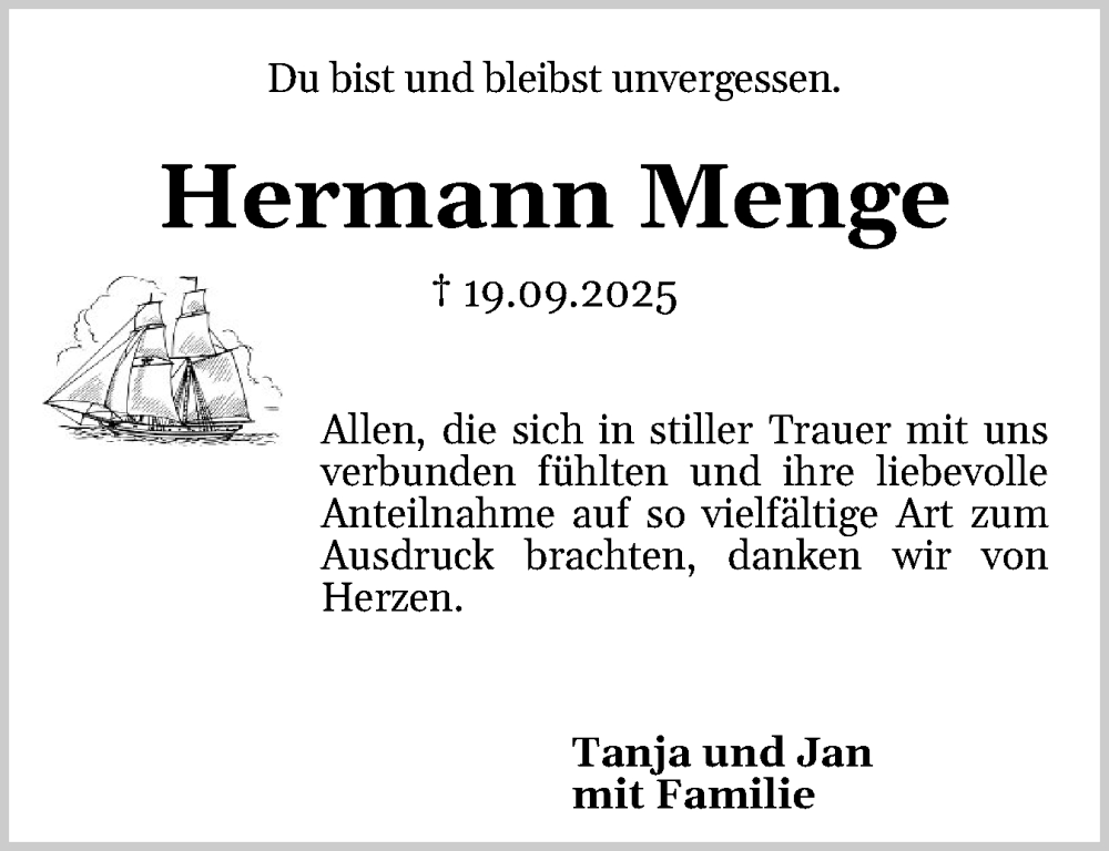  Traueranzeige für Hermann Menge vom 08.11.2025 aus Flensburger Tageblatt
