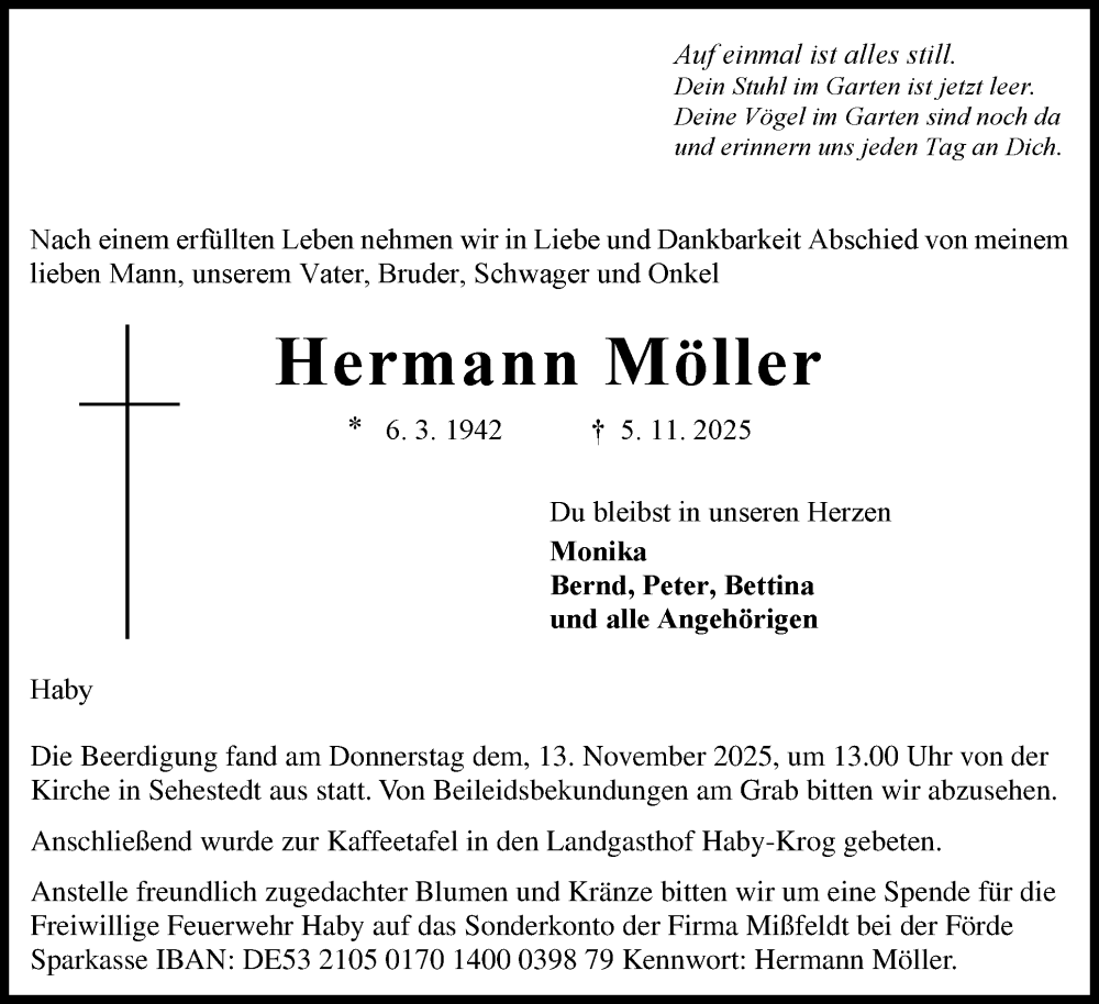  Traueranzeige für Hermann Möller vom 15.11.2025 aus Hallo Eckernförde