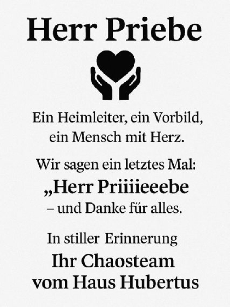  Traueranzeige für Herr Priebe  vom 08.11.2025 aus MARKT Ratzeburg/Mölln