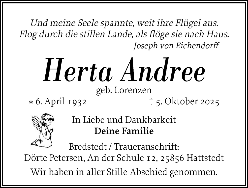  Traueranzeige für Herta Andree vom 07.11.2025 aus Husumer Nachrichten, Nordfriesland Tageblatt