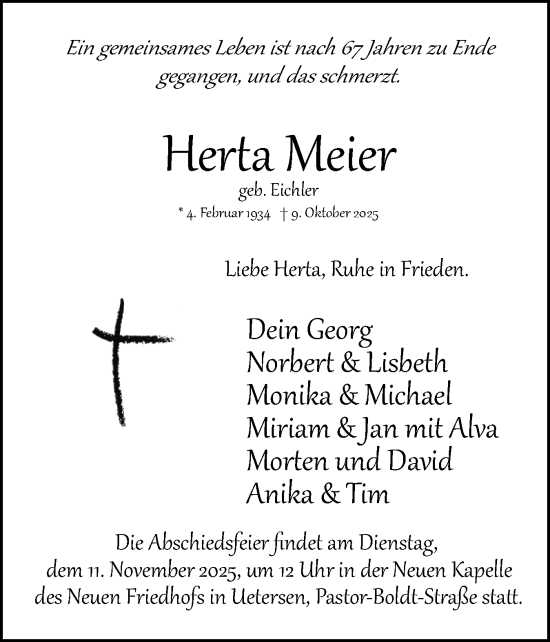 Traueranzeige von Herta Meier von Uetersener Nachrichten, Der tip am Wochenende