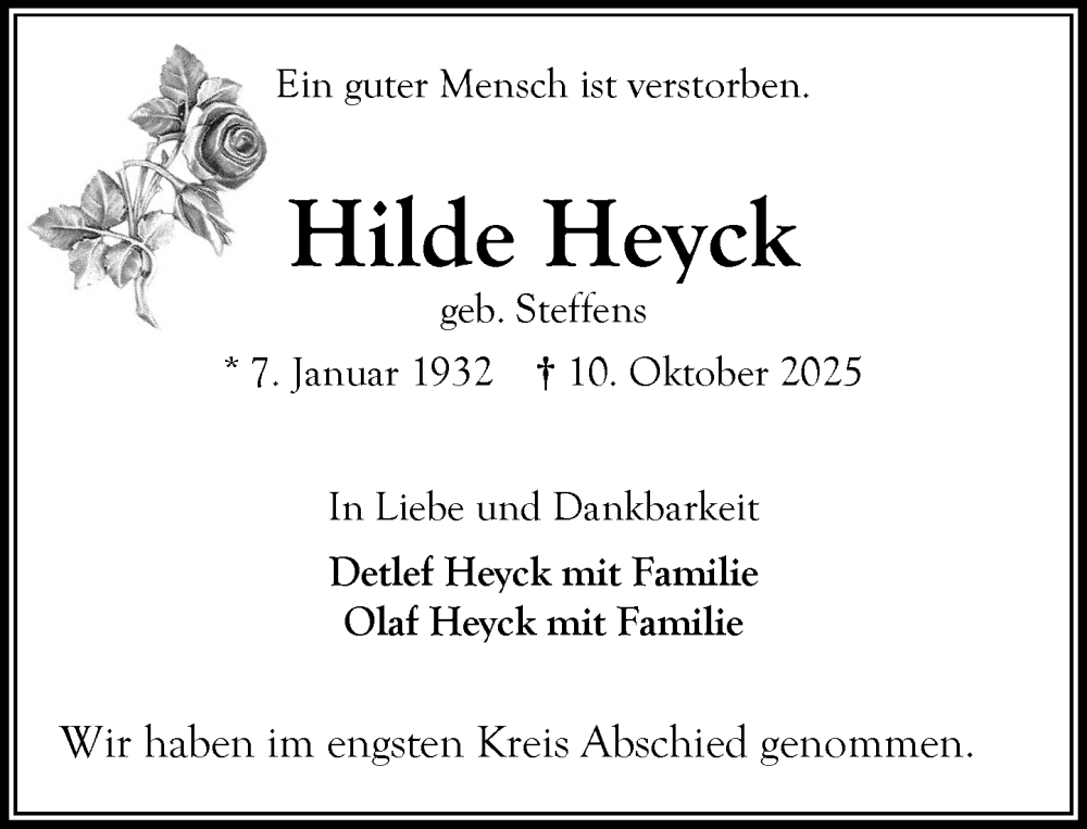  Traueranzeige für Hilde Heyck vom 08.11.2025 aus MARKT Bad Oldesloe/Reinfeld und Stormarner Tageblatt