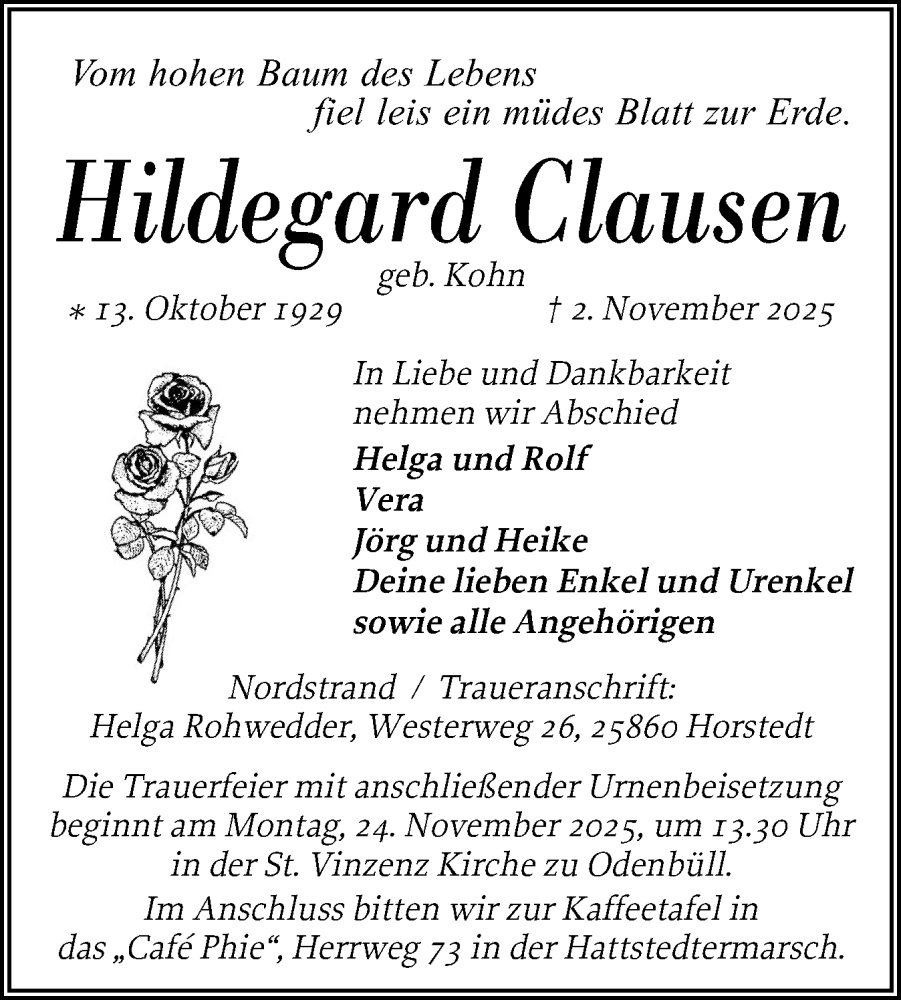  Traueranzeige für Hildegard Clausen vom 07.11.2025 aus Husumer Nachrichten, Nordfriesland Tageblatt