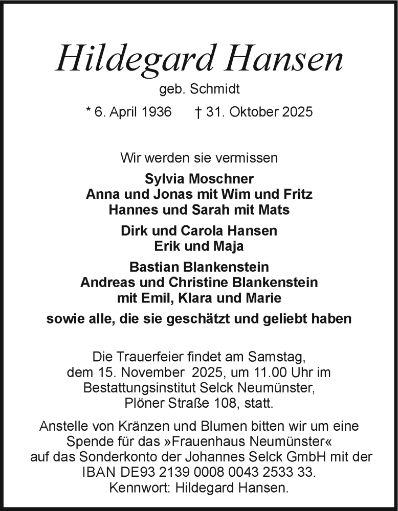 Traueranzeige für Hildegard Hansen vom 08.11.2025 aus Holsteinischer Courier