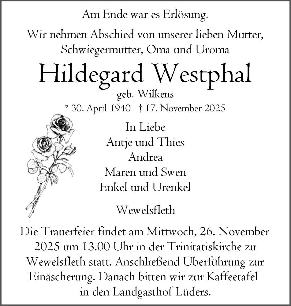  Traueranzeige für Hildegard Westphal vom 22.11.2025 aus Norddeutsche Rundschau, Wilstersche Zeitung, Glückstädter Fortuna