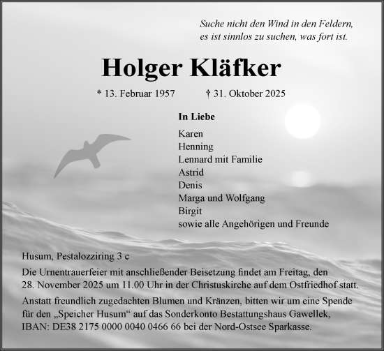 Traueranzeige von Holger Kläfker von Husumer Nachrichten, Nordfriesland Tageblatt