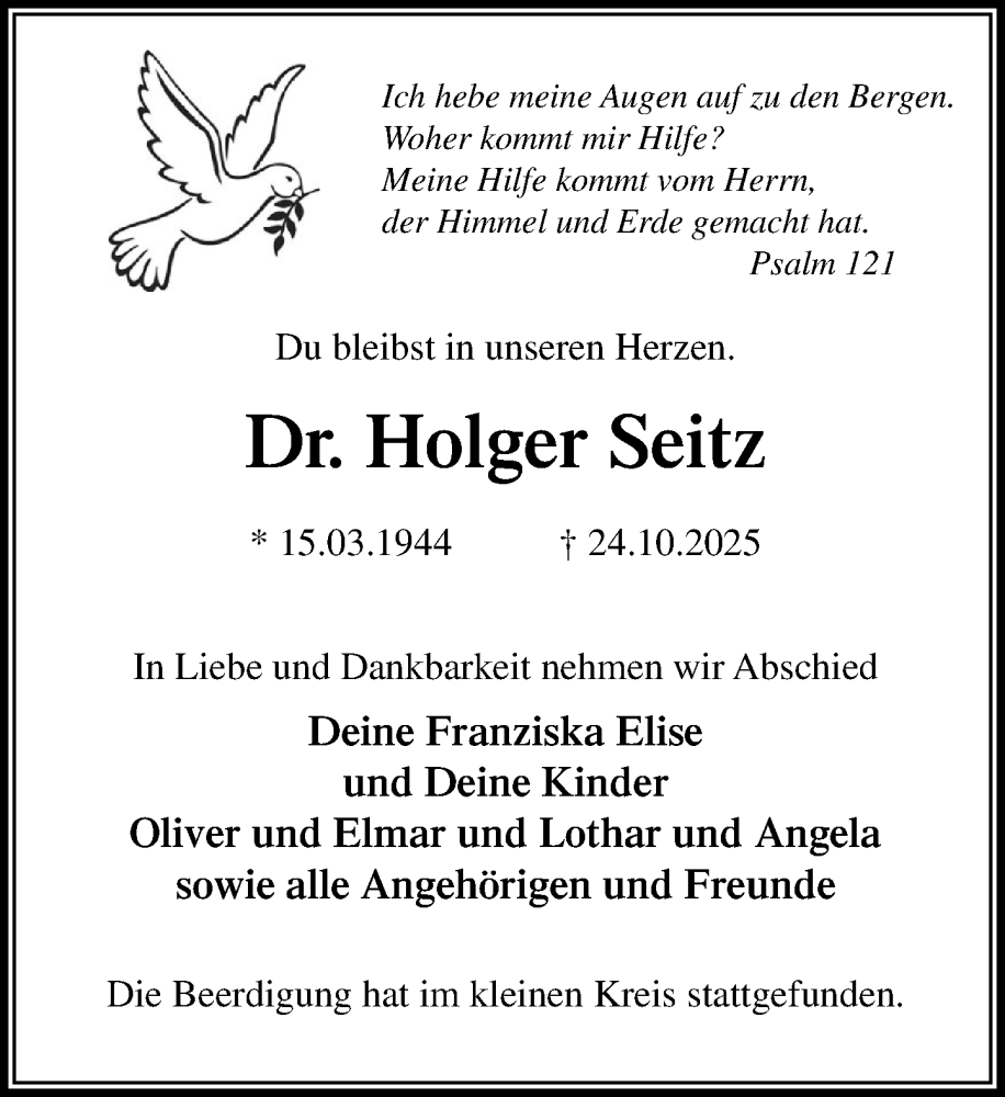  Traueranzeige für Holger Seitz vom 08.11.2025 aus Umschau
