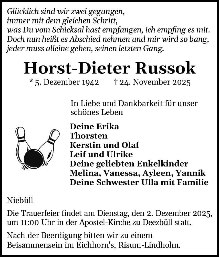  Traueranzeige für Horst-Dieter Russok vom 28.11.2025 aus Husumer Nachrichten, Nordfriesland Tageblatt