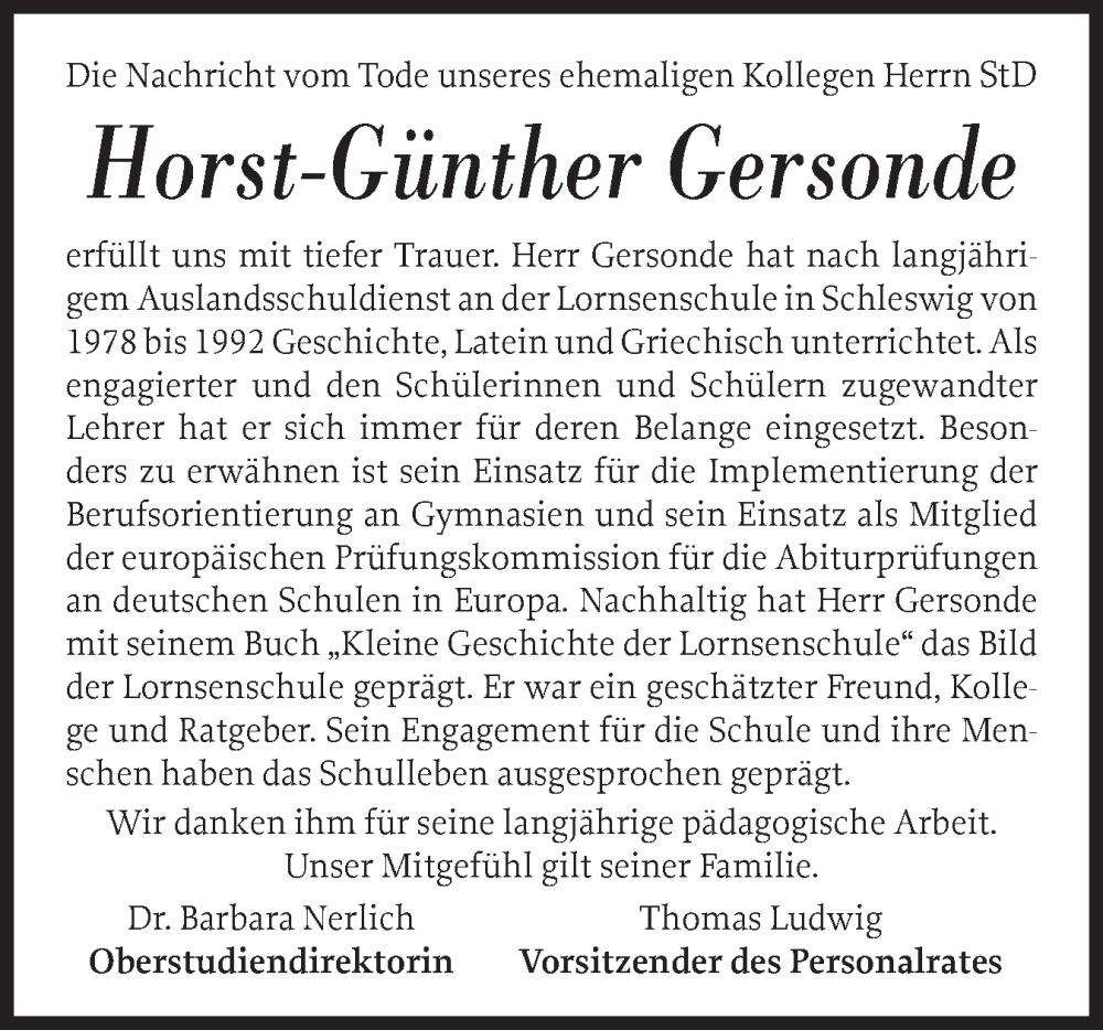  Traueranzeige für Horst-Günther Gersonde vom 22.11.2025 aus Schleswiger Nachrichten, Schlei-Bote