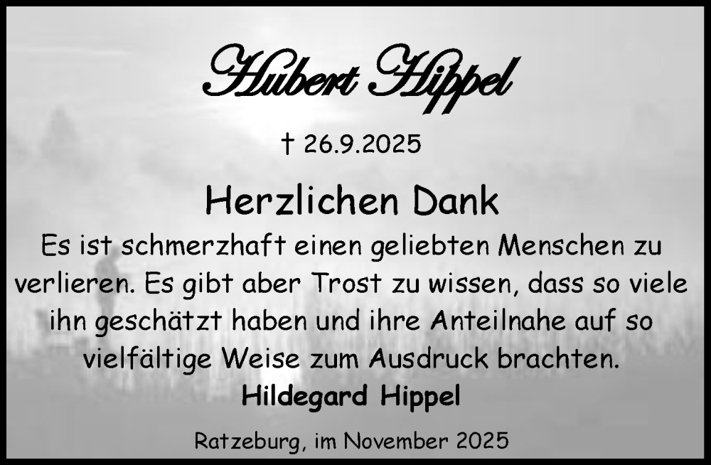  Traueranzeige für Hubert Hippel vom 08.11.2025 aus MARKT Ratzeburg/Mölln