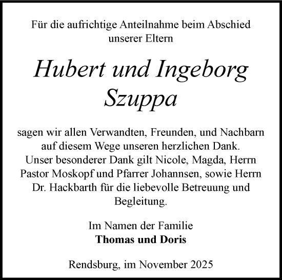 Traueranzeige von Hubert und Ingeborg Szuppa von Schleswig-Holsteinische Landeszeitung