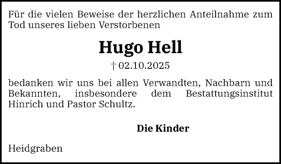 Traueranzeige von Hugo Hell von Uetersener Nachrichten, Der tip am Wochenende