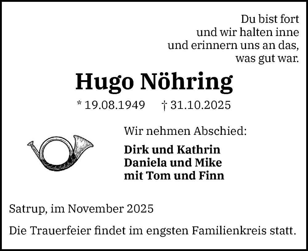  Traueranzeige für Hugo Nöhring vom 08.11.2025 aus Flensburger Tageblatt