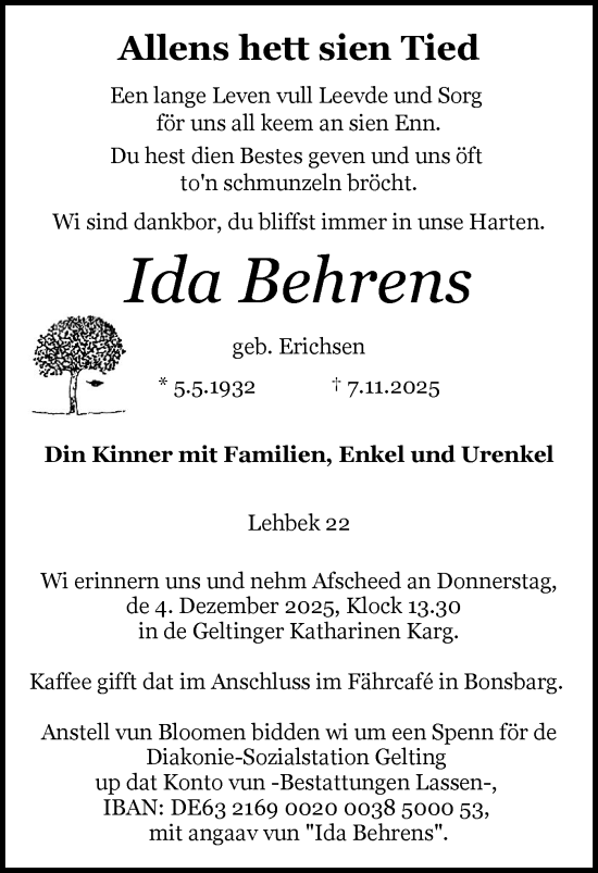 Traueranzeige von Ida Behrens von Flensburger Tageblatt, Schleswiger Nachrichten, Schlei-Bote