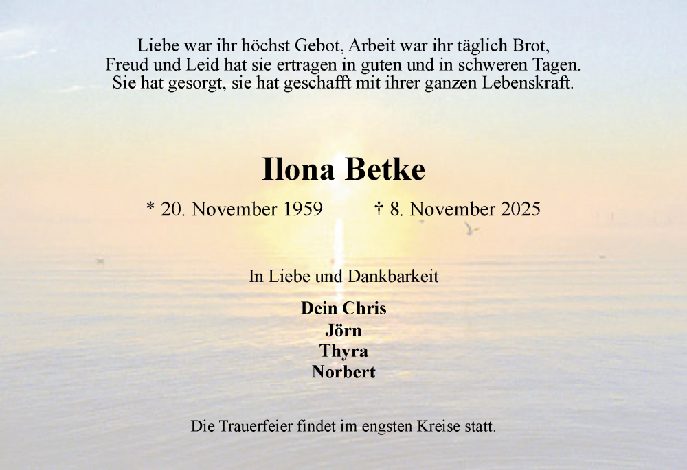  Traueranzeige für Ilona Betke vom 22.11.2025 aus Elmshorner Nachrichten, Barmstedter Zeitung