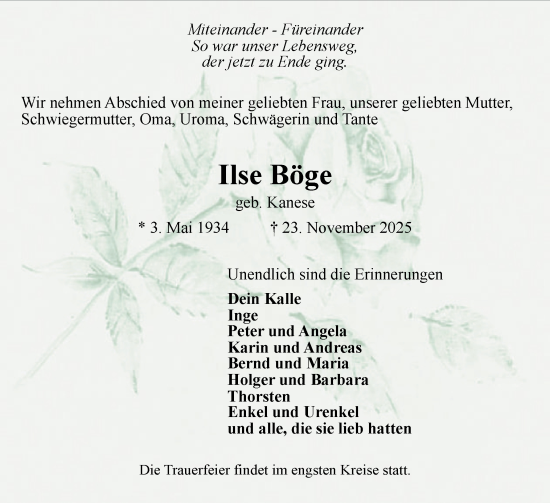 Traueranzeige von Ilse Böge von Elmshorner Nachrichten, Barmstedter Zeitung