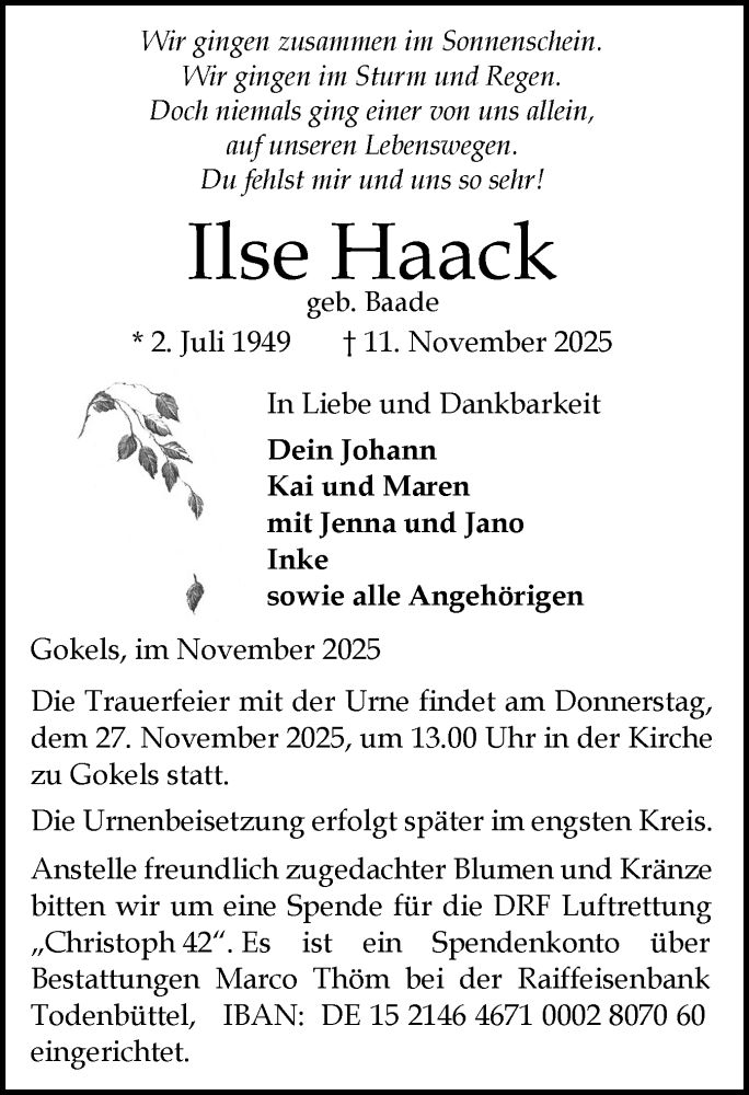  Traueranzeige für Ilse Haack vom 22.11.2025 aus Schleswig-Holsteinische Landeszeitung