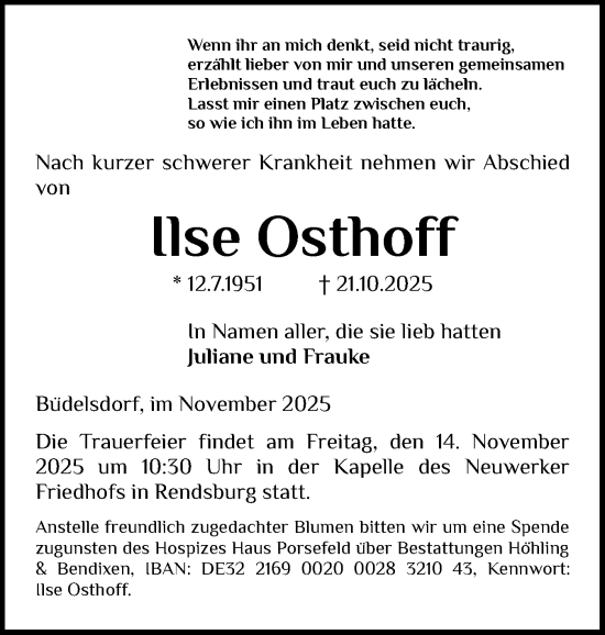 Traueranzeige von Ilse Osthoff von Schleswig-Holsteinische Landeszeitung