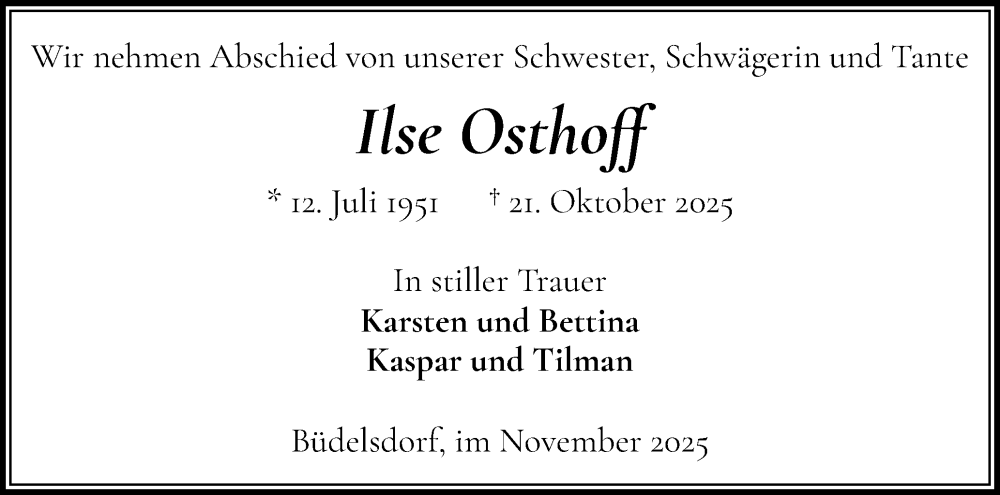  Traueranzeige für Ilse Osthoff vom 12.11.2025 aus Schleswig-Holsteinische Landeszeitung