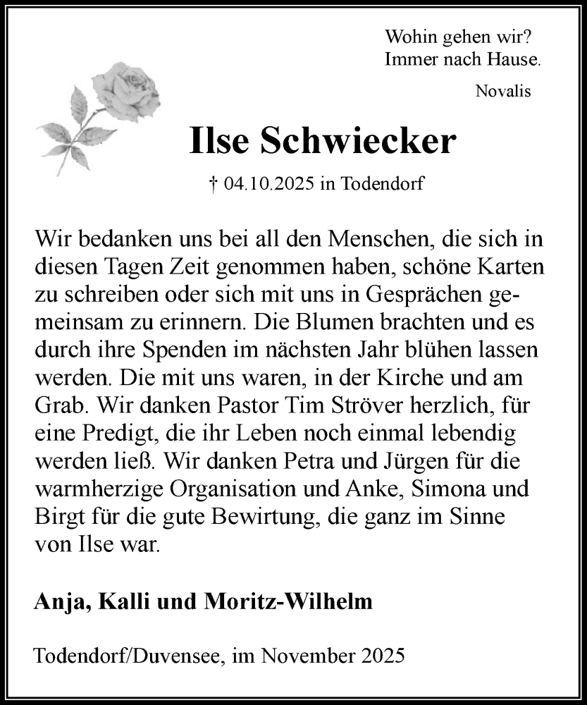  Traueranzeige für Ilse Schwiecker vom 08.11.2025 aus MARKT Ahrensburg/Bargteheide/Trittau und Stormarner Tageblatt