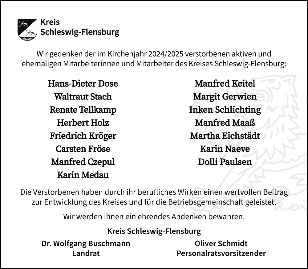  Traueranzeige für Im Gedenken 20242025 vom 22.11.2025 aus Flensburger Tageblatt, Schleswiger Nachrichten, Schlei-Bote