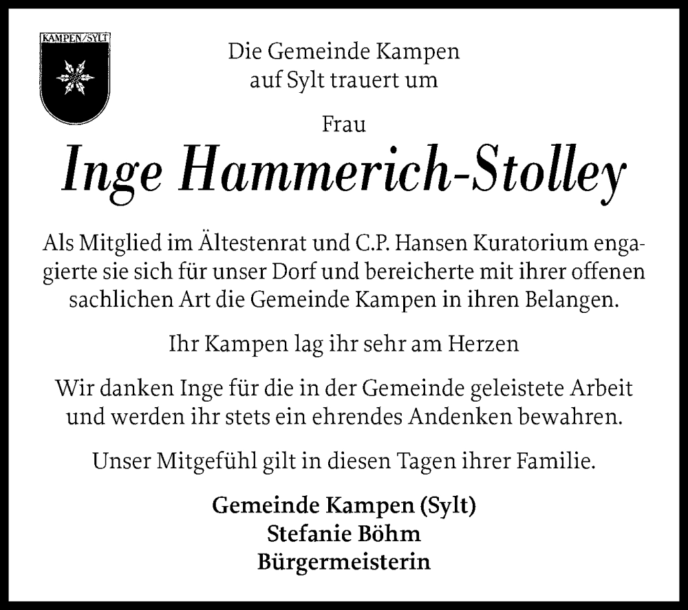  Traueranzeige für Inge Hammerich-Stolley vom 05.11.2025 aus Sylter Rundschau