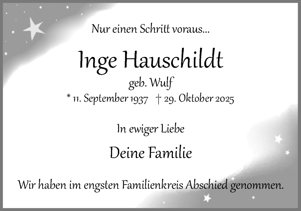  Traueranzeige für Inge Hauschildt vom 22.11.2025 aus Uetersener Nachrichten, Der tip am Wochenende