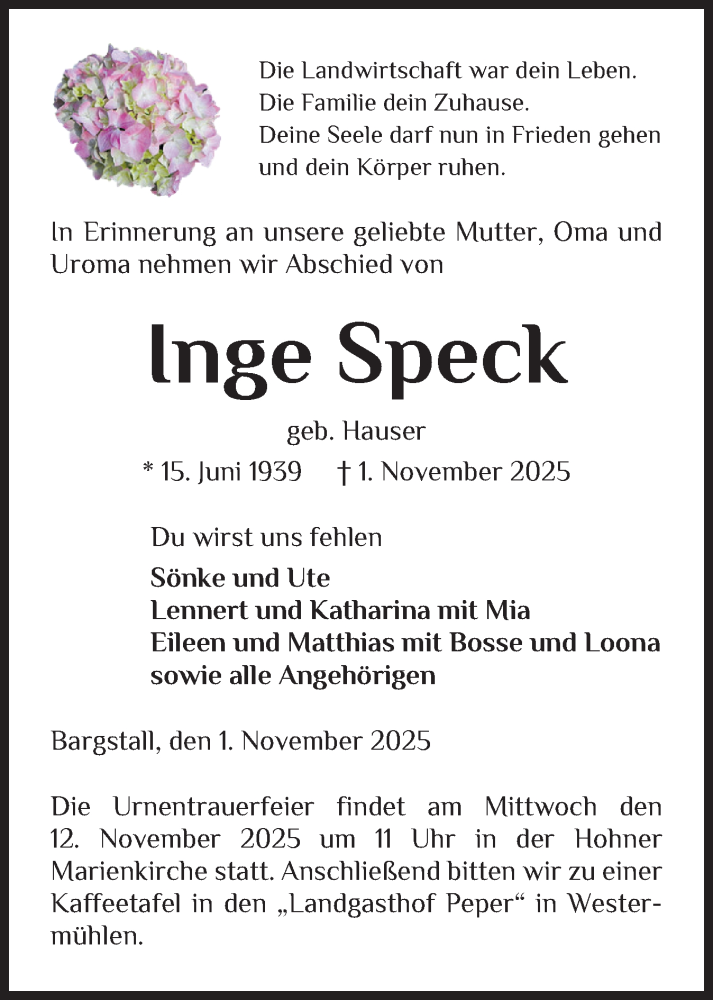  Traueranzeige für Inge Speck vom 04.11.2025 aus Schleswig-Holsteinische Landeszeitung