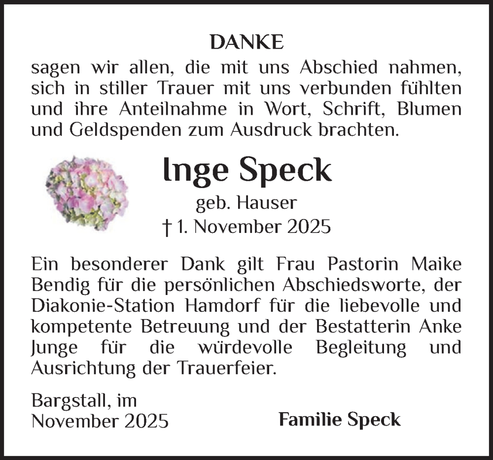  Traueranzeige für Inge Speck vom 29.11.2025 aus Schleswig-Holsteinische Landeszeitung